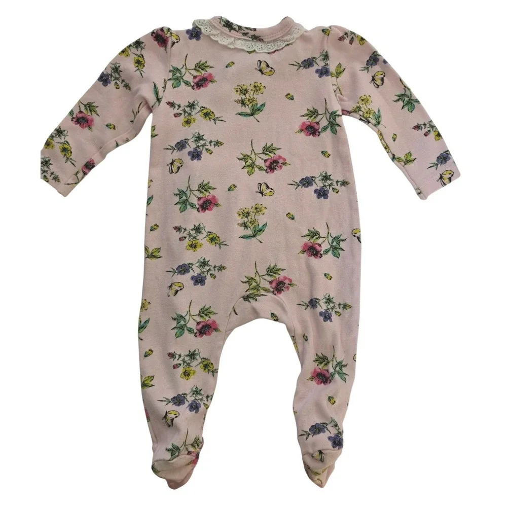 Laura Ashley Baby‎ Girl Floral Footed Sleeper Pink Lace Bows 3-6 Months Cotton